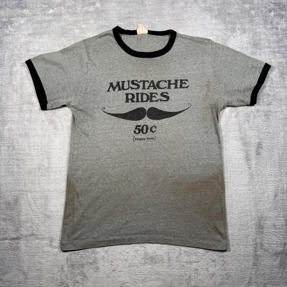 Vintage 1970s Shirt Mens Medium Gray Mustache Rides Ringer Humor Sex Funny